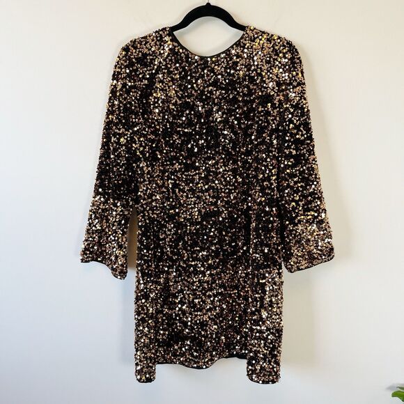 H&M Sequined A Line Mini Dress Gold Brown Party Holiday Glam Women's Size Medium - Picture 4 of 12